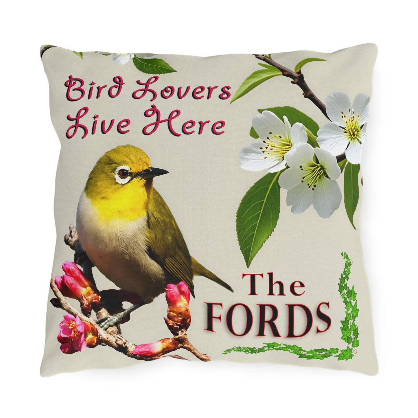 "Bird Lovers Live Here-Yellow Bird" - Personalized Outdoor Pillow for Bird Lovers,