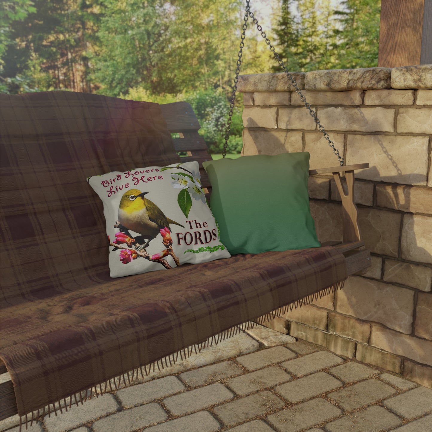 "Bird Lovers Live Here-Yellow Bird" - Personalized Outdoor Pillow for Bird Lovers,