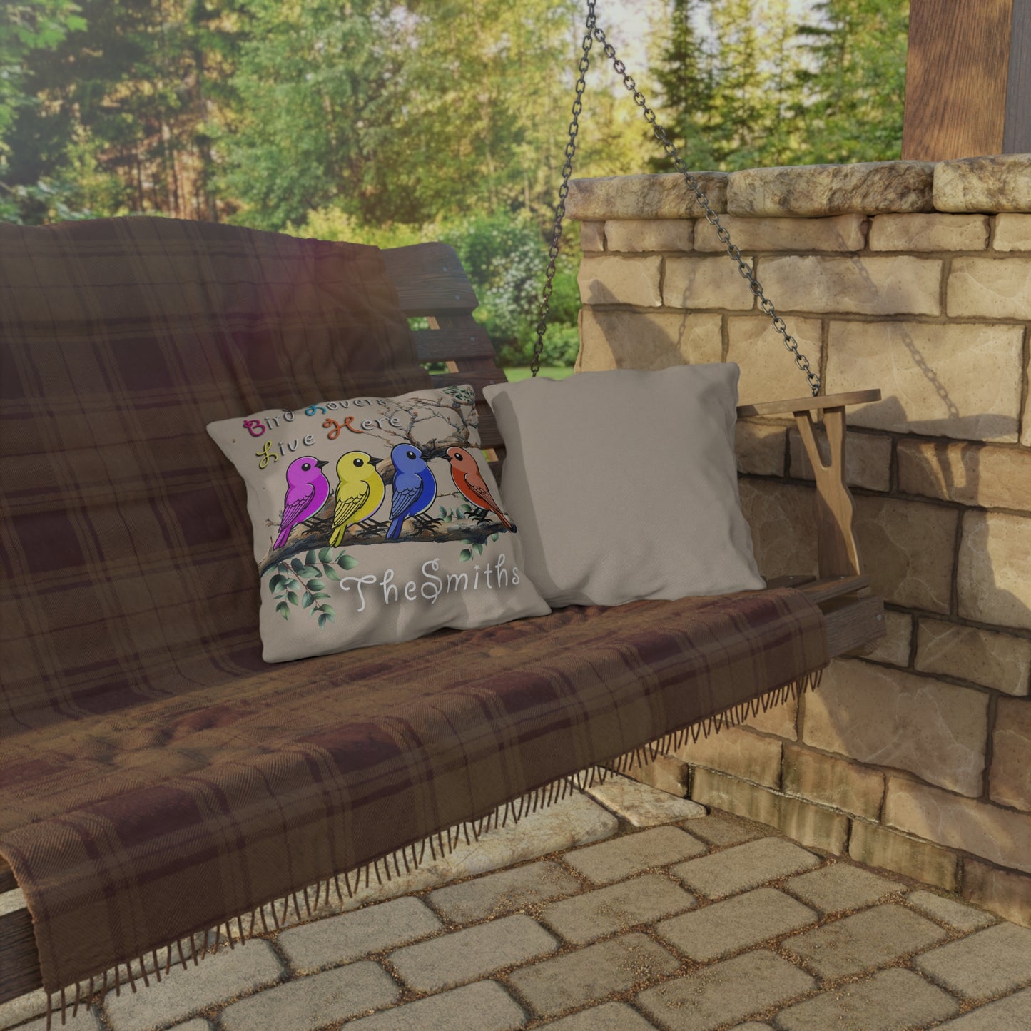 "Bird Lovers Live Here" Multicolored Birds-Tan Background" - Personalized Outdoor Pillow for Bird Lovers