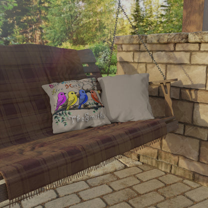 "Bird Lovers Live Here" Multicolored Birds-Tan Background" - Personalized Outdoor Pillow for Bird Lovers