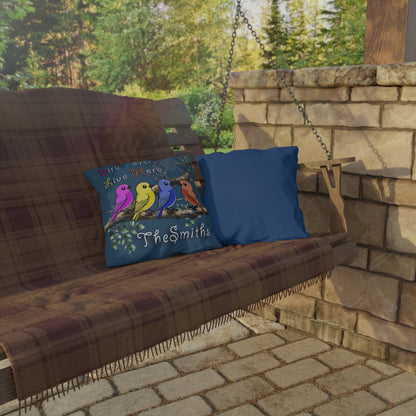 "Bird Lovers Live Here"-Multi-Colored Birds-Dark Background"- Personalized Outdoor Pillow for bird lovers