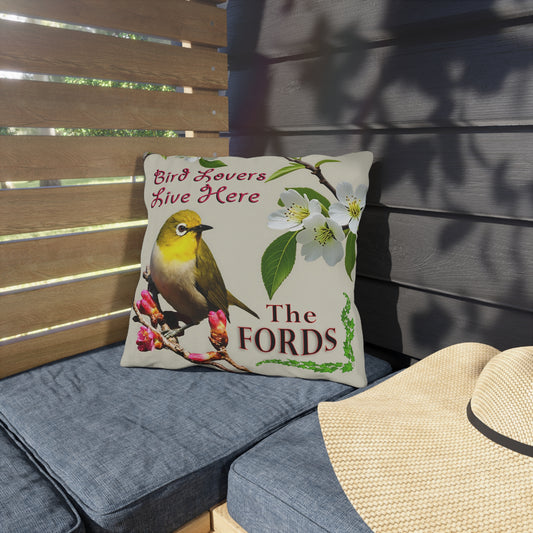 "Bird Lovers Live Here-Yellow Bird" - Personalized Outdoor Pillow for Bird Lovers,