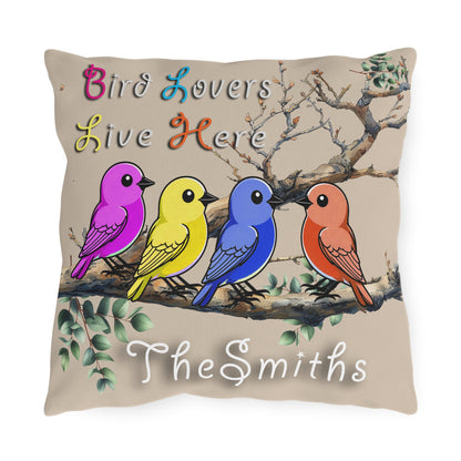"Bird Lovers Live Here" Multicolored Birds-Tan Background" - Personalized Outdoor Pillow for Bird Lovers