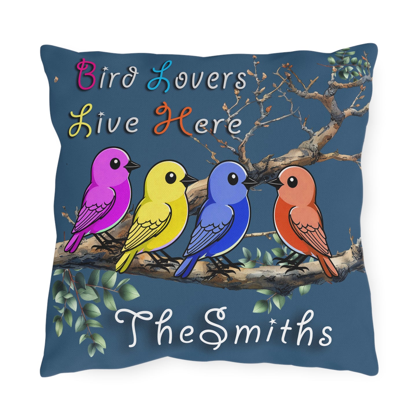"Bird Lovers Live Here"-Multi-Colored Birds-Dark Background"- Personalized Outdoor Pillow for bird lovers